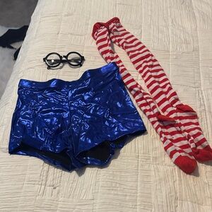 Where’s Waldo costume Blue Shiny Shorts with Red Striped Socks